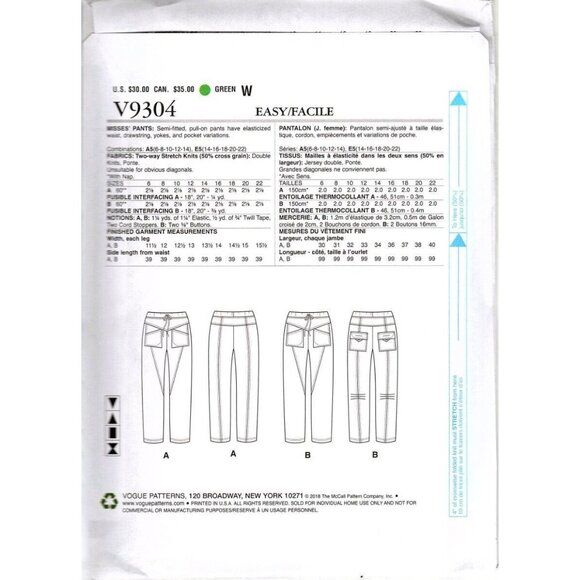 Vogue V9304 Misses 6 to 14 Kathryn Brenne Pants UNCUT Sewing Pattern - Picture 2 of 2